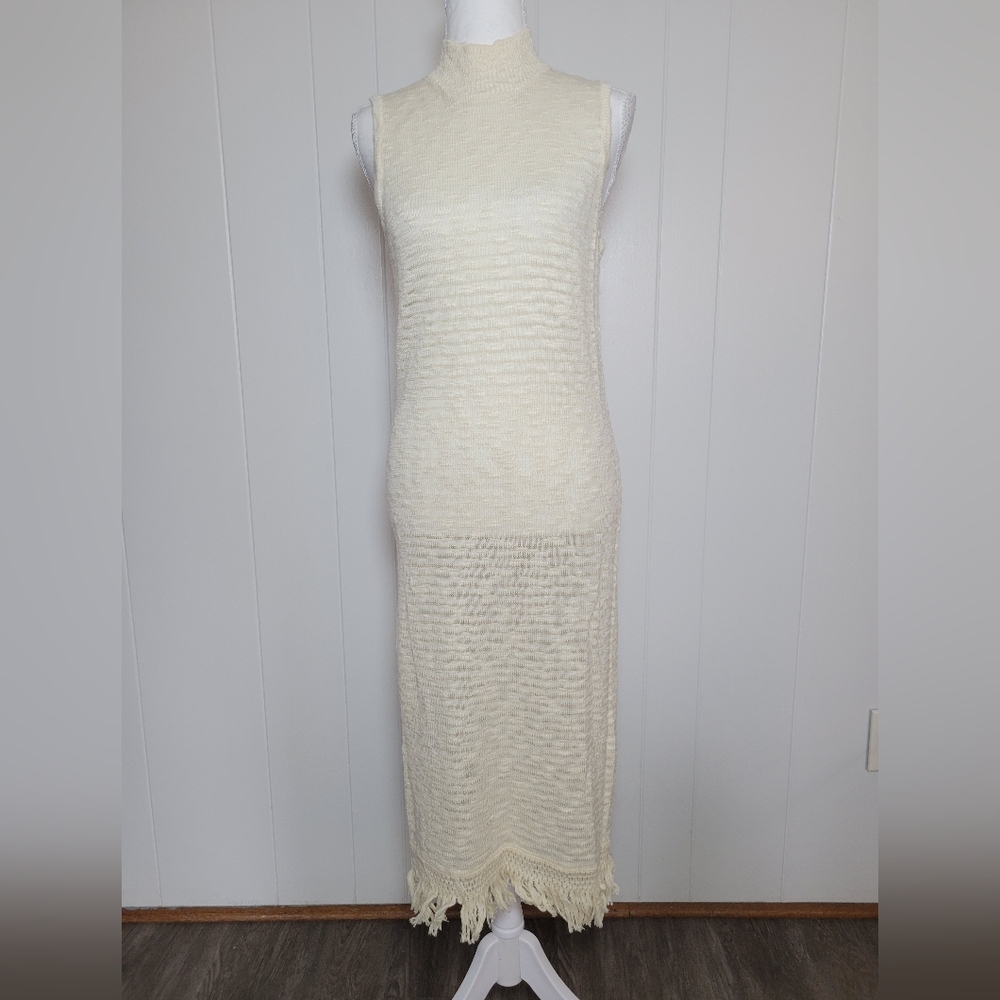 Callahan Fringe Trim Linen Blend Sleeveless Midi Dress Semi Sheer Cream Boho MD